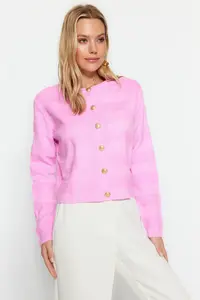 TRENDYOLMİLLA Pink Crew Neck Jacket Look Knitwear Cardigan