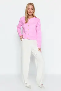 TRENDYOLMİLLA Pink Crew Neck Jacket Look Knitwear Cardigan - Image 4