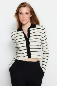TRENDYOLMİLLA Black Crop Polo Shirt Collar Knitwear Bodysuit Cardigan