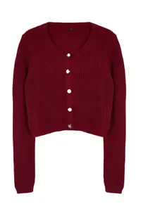 TRENDYOLMİLLA Burgundy Super Crop Basic Knitwear Cardigan - Image 6
