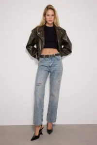 TRENDYOLMİLLA Mavi Ripped High Waist Plain Kesim Straight 100% Cotton Non-Stretch jeans - Image 2