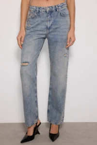 TRENDYOLMİLLA Mavi Ripped High Waist Plain Kesim Straight 100% Cotton Non-Stretch jeans - Image 3