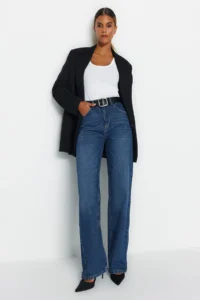 TRENDYOLMiLLA DARK BLUE High Waist Wide Leg Wide Leg Wide Leg 100% Cotton Non-Stretch jeans