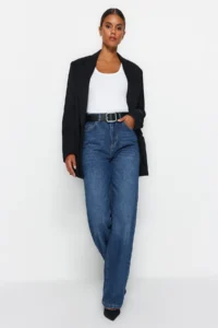TRENDYOLMiLLA DARK BLUE High Waist Wide Leg Wide Leg Wide Leg 100% Cotton Non-Stretch jeans - Image 3