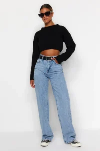 TRENDYOLMiLLA Light Blue High Waist Wide Leg Wide Leg 100% Cotton Non-Stretch jeans - Image 2