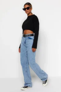 TRENDYOLMiLLA Light Blue High Waist Wide Leg Wide Leg 100% Cotton Non-Stretch jeans - Image 3