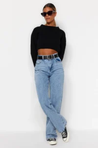 TRENDYOLMiLLA Light Blue High Waist Wide Leg Wide Leg 100% Cotton Non-Stretch jeans - Image 4