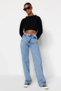 TRENDYOLMiLLA Light Blue High Waist Wide Leg Wide Leg 100% Cotton Non-Stretch jeans - Image 5