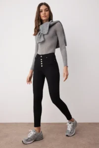 TRENDYOLMİLLA Fading Black Front buttoned High Waist Extra Flexible skinny Bodysuit hugging jeans - Image 2