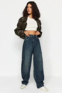 TRENDYOLMİLLA More Sustainable Dark Blue Wash Effect Loose Cut High Waist Loose Baggy jeans