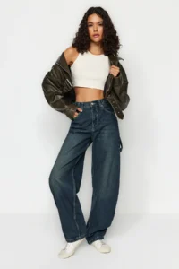 TRENDYOLMİLLA More Sustainable Dark Blue Wash Effect Loose Cut High Waist Loose Baggy jeans - Image 2