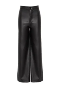 TRENDYOLMİLLA Black Faux Leather Wide Leg Pocket Detail Knitting Pants - Image 6