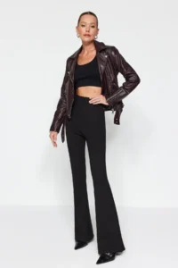 TRENDYOLMİLLA Black Thinner High Waist Flare/flared leg Knitting Pants - Image 2