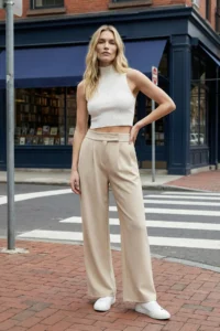 TRENDYOLMİLLA Stone Hook and Loop Closure Crepe High Waist pleated Wide Leg/Wide Cut Knitting Pants