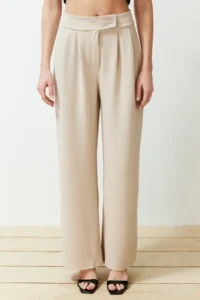TRENDYOLMİLLA Stone Hook and Loop Closure Crepe High Waist pleated Wide Leg/Wide Cut Knitting Pants - Image 2