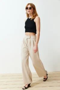 TRENDYOLMİLLA Stone Hook and Loop Closure Crepe High Waist pleated Wide Leg/Wide Cut Knitting Pants - Image 4