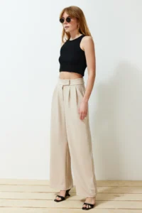 TRENDYOLMİLLA Stone Hook and Loop Closure Crepe High Waist pleated Wide Leg/Wide Cut Knitting Pants - Image 5