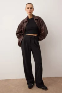 TRENDYOLMİLLA Black Hook and Loop Closure High Waist pleated Wide Leg/Wide Cut Knitting Pants
