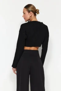 TRENDYOLMİLLA Black Hook and Loop Closure High Waist pleated Wide Leg/Wide Cut Knitting Pants - Image 10