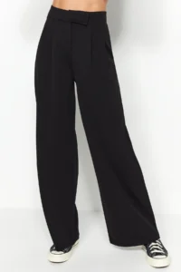 TRENDYOLMİLLA Black Hook and Loop Closure High Waist pleated Wide Leg/Wide Cut Knitting Pants - Image 5