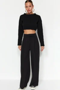 TRENDYOLMİLLA Black Hook and Loop Closure High Waist pleated Wide Leg/Wide Cut Knitting Pants - Image 6