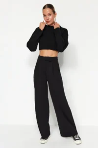 TRENDYOLMİLLA Black Hook and Loop Closure High Waist pleated Wide Leg/Wide Cut Knitting Pants - Image 7