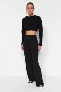 TRENDYOLMİLLA Black Hook and Loop Closure High Waist pleated Wide Leg/Wide Cut Knitting Pants - Image 9