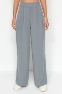 TRENDYOLMİLLA Yunus Gray Velcro Closure High Waist pleated Wide Leg/Wide Cut Knitting Pants