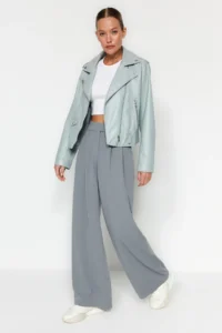 TRENDYOLMİLLA Yunus Gray Velcro Closure High Waist pleated Wide Leg/Wide Cut Knitting Pants - Image 2