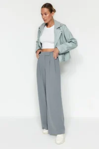 TRENDYOLMİLLA Yunus Gray Velcro Closure High Waist pleated Wide Leg/Wide Cut Knitting Pants - Image 3