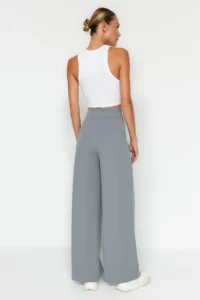TRENDYOLMİLLA Yunus Gray Velcro Closure High Waist pleated Wide Leg/Wide Cut Knitting Pants - Image 5