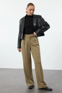 TRENDYOLMİLLA Dark Khaki Velcro Closure High Waist pleated Wide Leg/Wide Cut Pants - Image 2