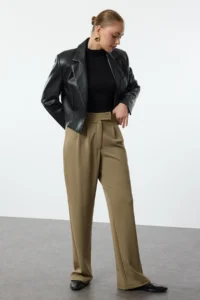 TRENDYOLMİLLA Dark Khaki Velcro Closure High Waist pleated Wide Leg/Wide Cut Pants - Image 3