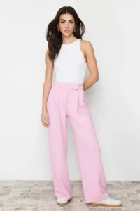 TRENDYOLMİLLA Pink Hook and Loop Closure High Waist pleated Wide Leg/Wide Cut Knitting Pants - Image 2