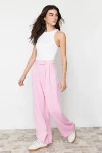 TRENDYOLMİLLA Pink Hook and Loop Closure High Waist pleated Wide Leg/Wide Cut Knitting Pants - Image 3