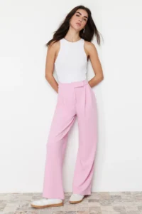 TRENDYOLMİLLA Pink Hook and Loop Closure High Waist pleated Wide Leg/Wide Cut Knitting Pants - Image 4