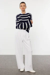 TRENDYOLMİLLA White Hook and Loop Closure High Waist pleated Wide Leg Pants - Image 2
