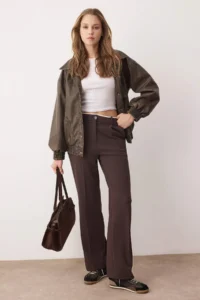 TRENDYOLMİLLA Dark Brown Belt Detailed Wide Leg/Wide Leg Weaving Pants - Image 2