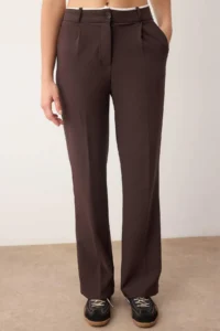 TRENDYOLMİLLA Dark Brown Belt Detailed Wide Leg/Wide Leg Weaving Pants - Image 3