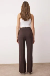 TRENDYOLMİLLA Dark Brown Belt Detailed Wide Leg/Wide Leg Weaving Pants - Image 4