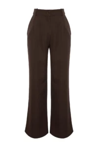 TRENDYOLMİLLA Dark Brown Belt Detailed Wide Leg/Wide Leg Weaving Pants - Image 6