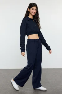 TRENDYOLMİLLA Dark Navy Belt Detailed Wide Leg/Wide Leg Weaving Pants - Image 2