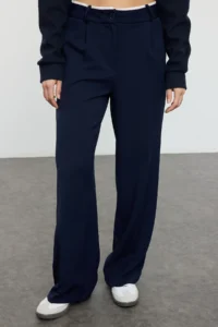 TRENDYOLMİLLA Dark Navy Belt Detailed Wide Leg/Wide Leg Weaving Pants - Image 3