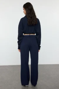 TRENDYOLMİLLA Dark Navy Belt Detailed Wide Leg/Wide Leg Weaving Pants - Image 5