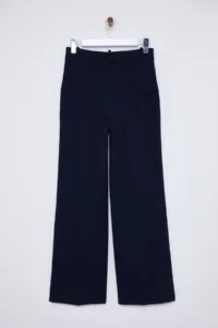 TRENDYOLMİLLA Dark Navy Belt Detailed Wide Leg/Wide Leg Weaving Pants - Image 9
