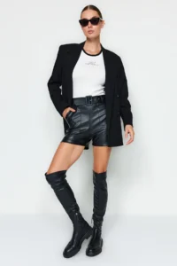 TRENDYOLMiLLA Black Faux Leather Arched Weaving Shorts - Image 2