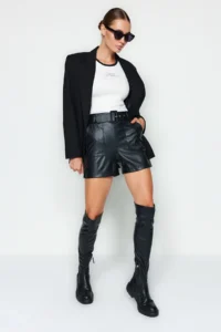 TRENDYOLMiLLA Black Faux Leather Arched Weaving Shorts - Image 3
