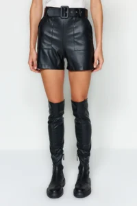 TRENDYOLMiLLA Black Faux Leather Arched Weaving Shorts - Image 4