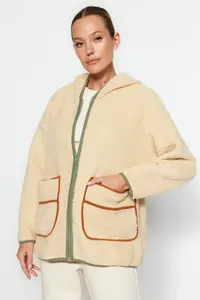 TRENDYOLMİLLA Ecru Thick Fleece Kontrast Piped Hooded relaxed/Rahat Pattern Knitting Sweatshirt