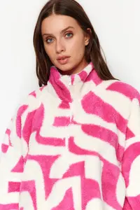 TRENDYOLMİLLA Fuchsia Thick Fleece Patterned Zippered Dog collar Long Sleeve Knitting Sweatshirt - Image 3